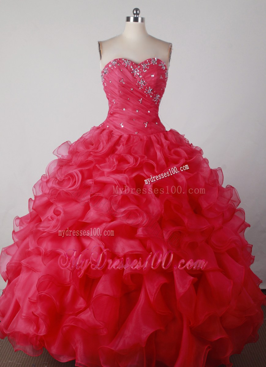 Beaded and Puffy Ruffled Sweet 16 Quinceanera Dress in Red