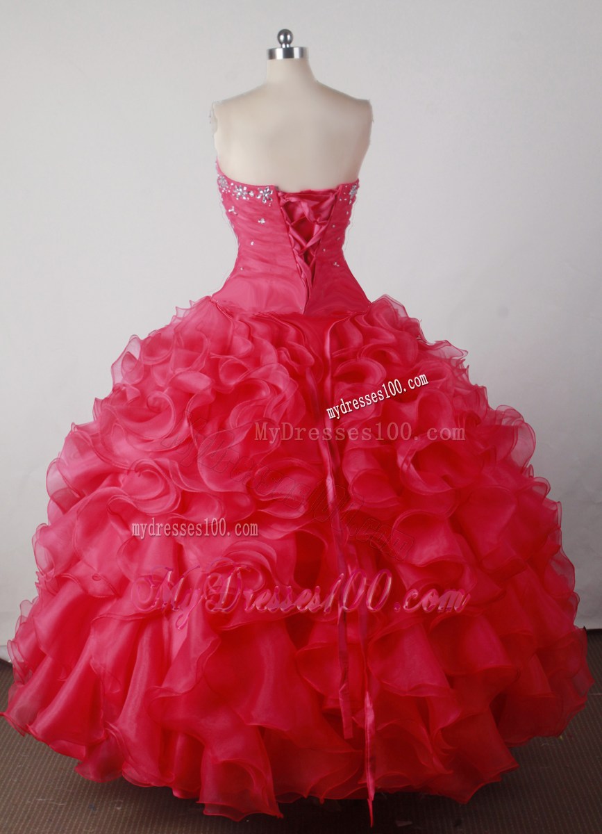 Beaded and Puffy Ruffled Sweet 16 Quinceanera Dress in Red