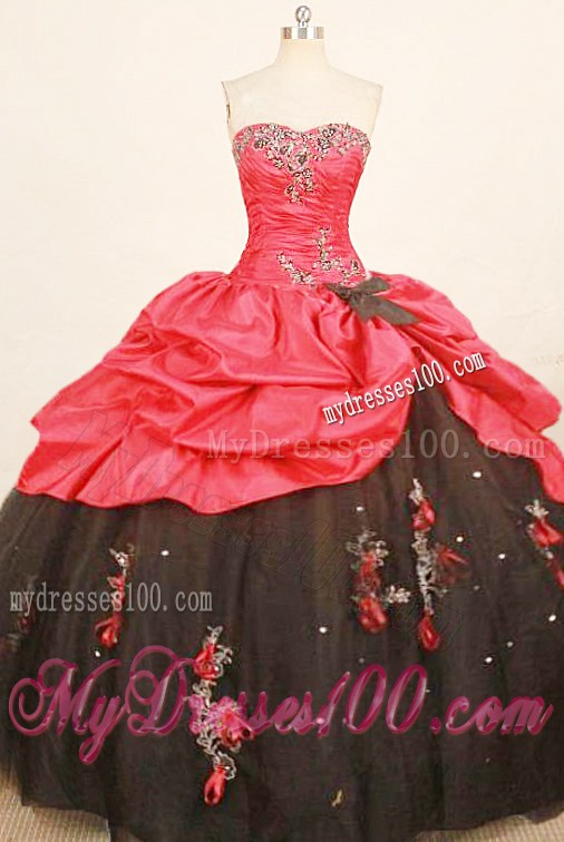 Cheap Sweetheart Taffeta appliques Red and Black Quince Dress
