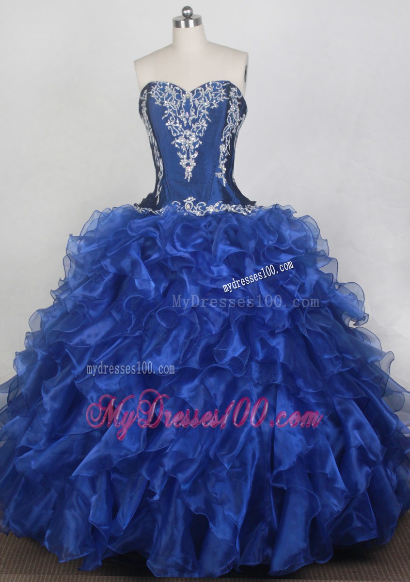 Embroidered and Ruffled Royal Blue Sweet Sixteen Quinceanera Dresses