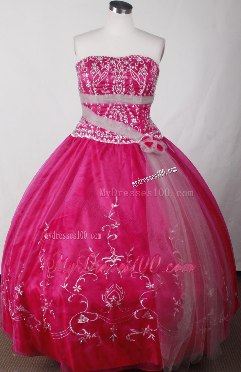Cute Red Ball Gown with White Sash Strapless Sweet 15 Dress