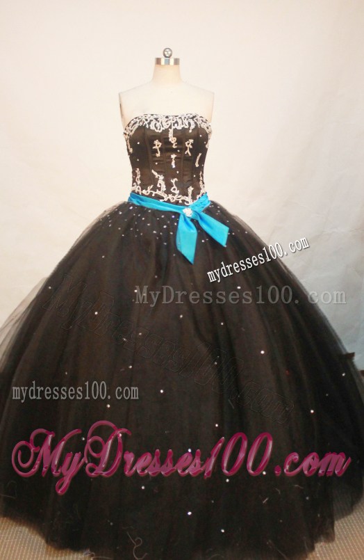 Black Strapless Appliques Quinceanera Dress with Aqua Blue Sash