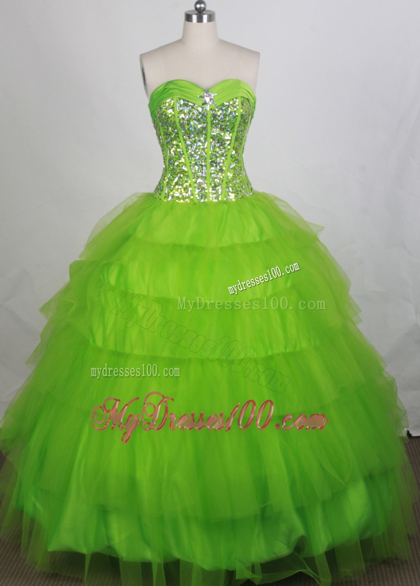 Spring Green Taffeta and Tulle Quinceanera Dress with Rhinestones
