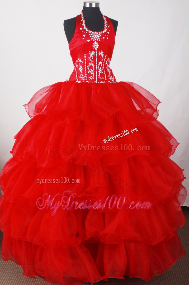 Elegant Ball Gown Halter Beaded Bust Red Quinceanera Dress