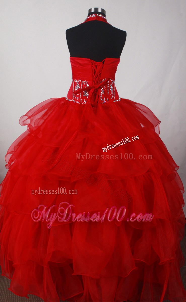 Elegant Ball Gown Halter Beaded Bust Red Quinceanera Dress
