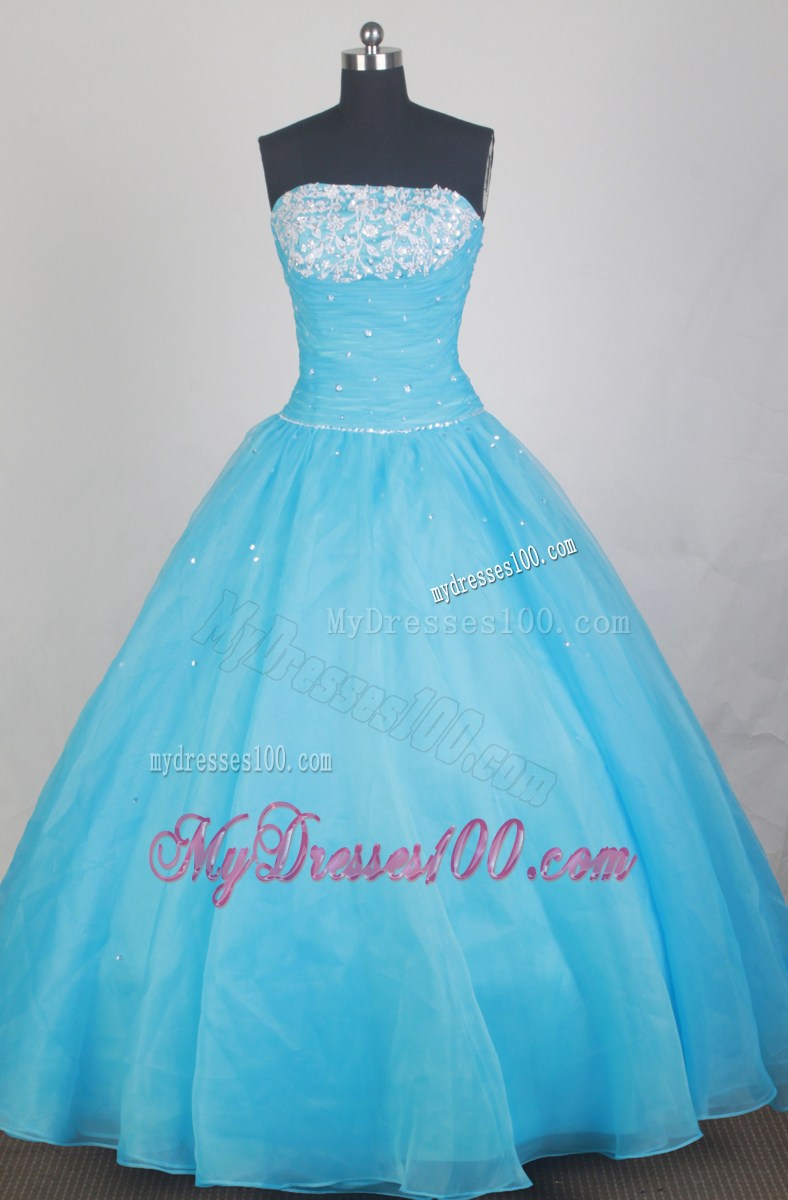 Beaded Embroidery Aqua Blue Ball Gown Quinceanera Dress