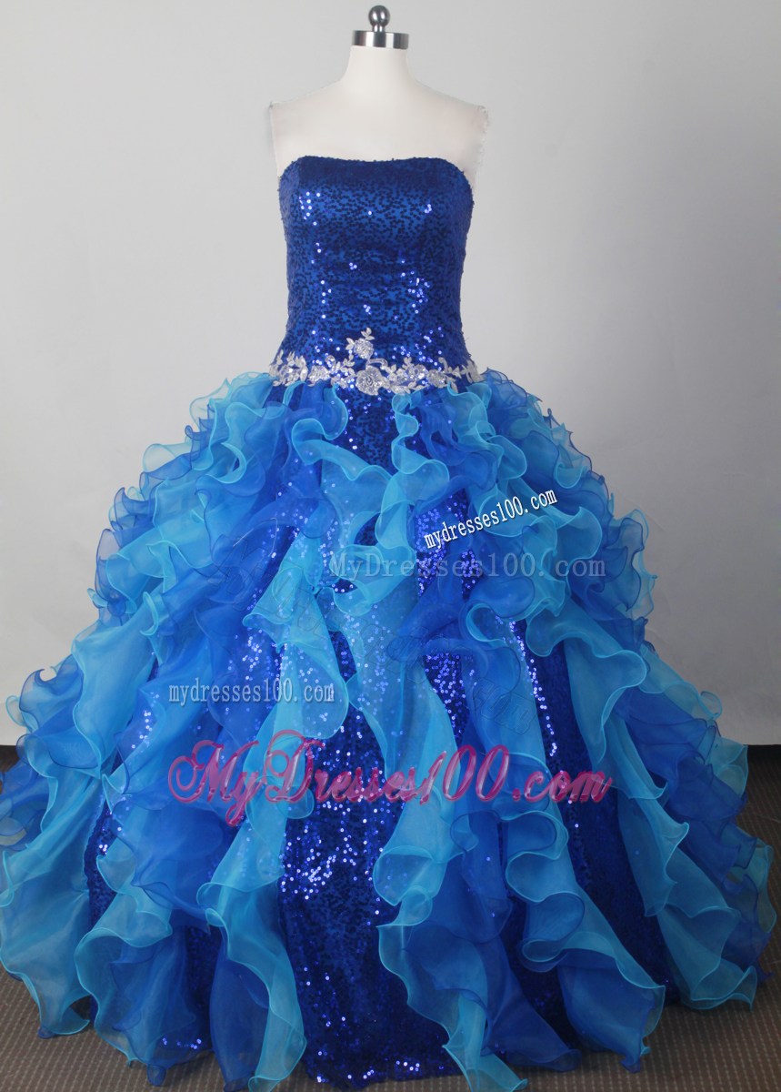 Elegant Sequined Strapless Blue Quinceanera Dress with Ruffles