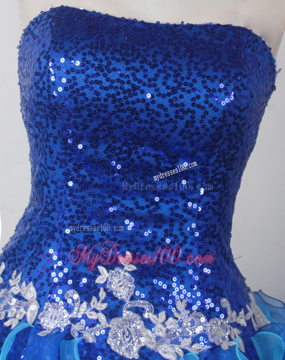 Elegant Sequined Strapless Blue Quinceanera Dress with Ruffles