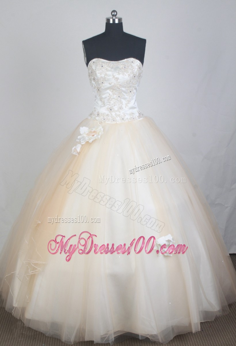 Beading Decorate White and Champagne Tulle Quinceanera Dress