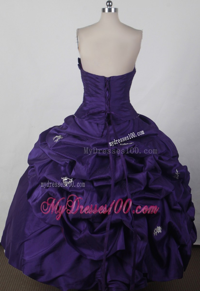 Elegant Strapless Dark Purple Lace Up Appliques Sweet 15 Dress