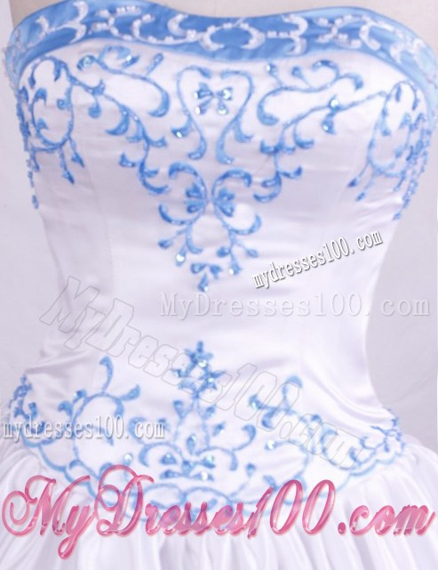 Elegant White and Aqua Strapless Embroidery Quinceanera Dress