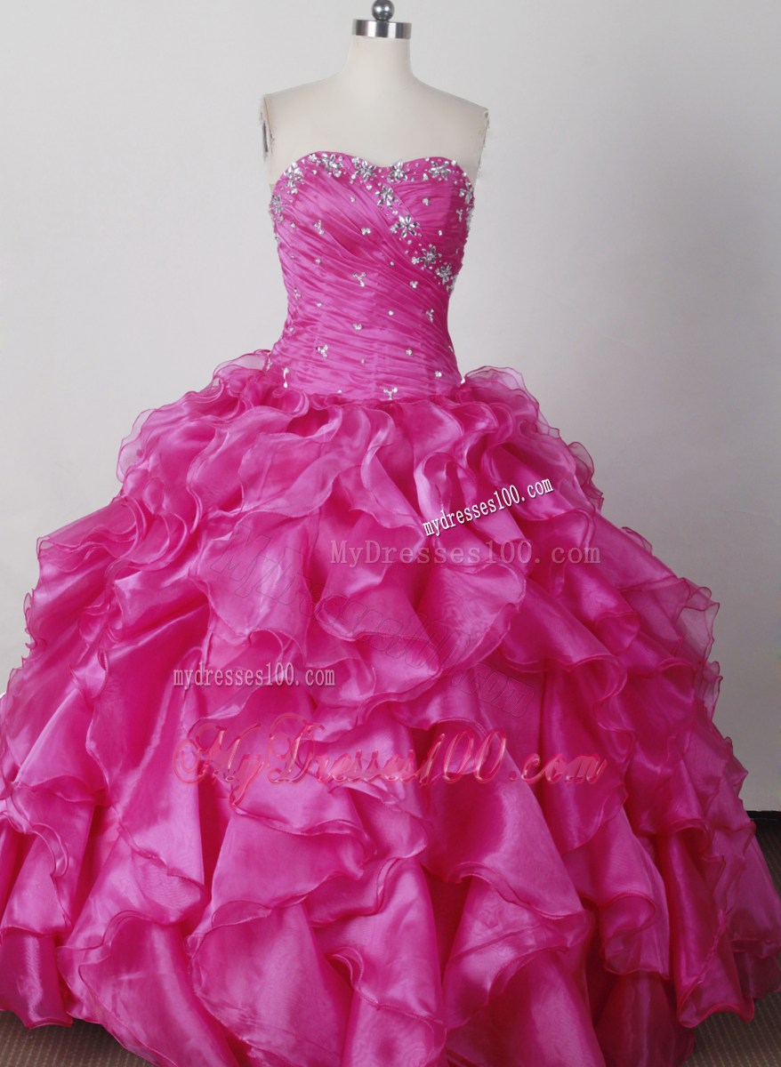Elegant Beading Strapless Hot Pink Quinceanera Gown with Ruffles
