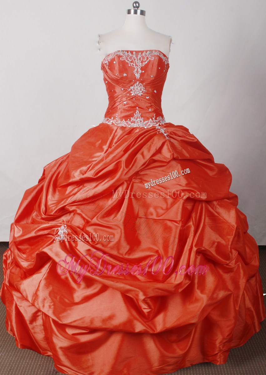 Strapless Long Appliques Orange Lace Up Back Quinceanera Dress