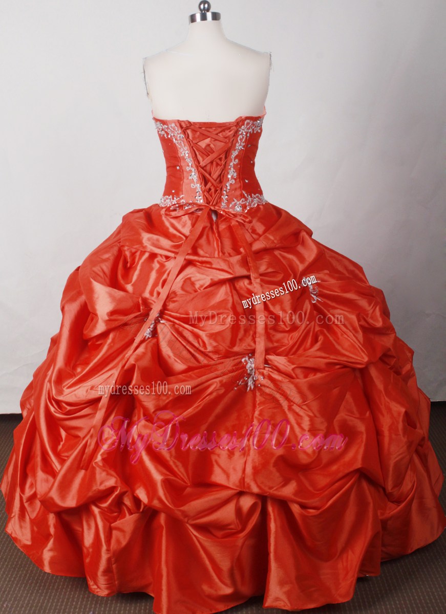Strapless Long Appliques Orange Lace Up Back Quinceanera Dress