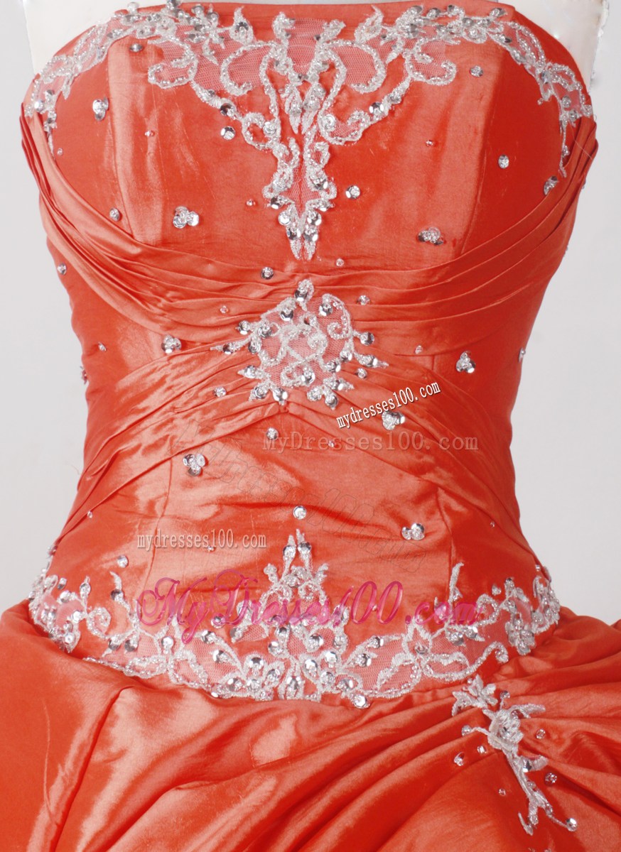 Strapless Long Appliques Orange Lace Up Back Quinceanera Dress