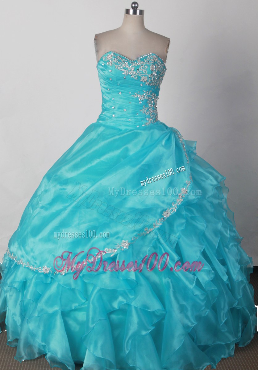 Ruffled Ball Gown Beaded Strapless Aqua Blue Quinceanera Dress