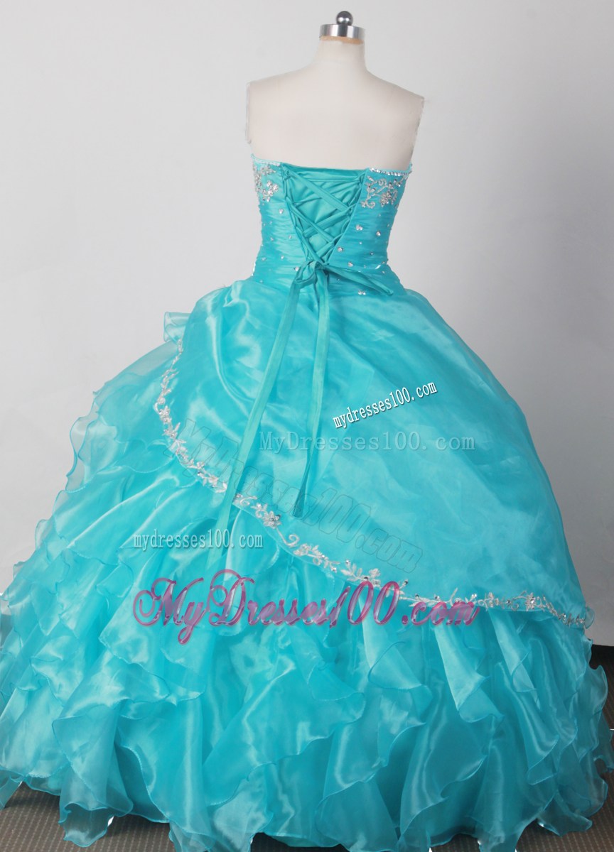Ruffled Ball Gown Beaded Strapless Aqua Blue Quinceanera Dress