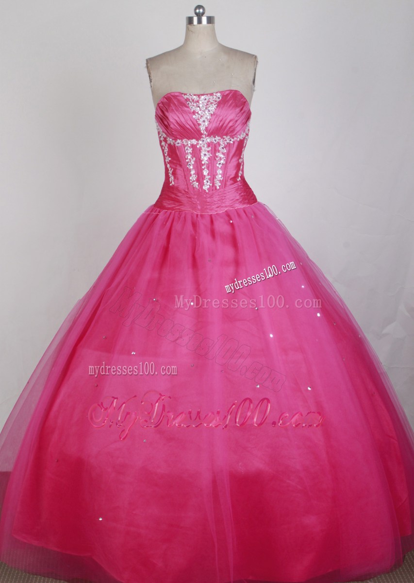 Hot Pink Ball Gown Strapless Floor-length Beaded Quinceanera Dress
