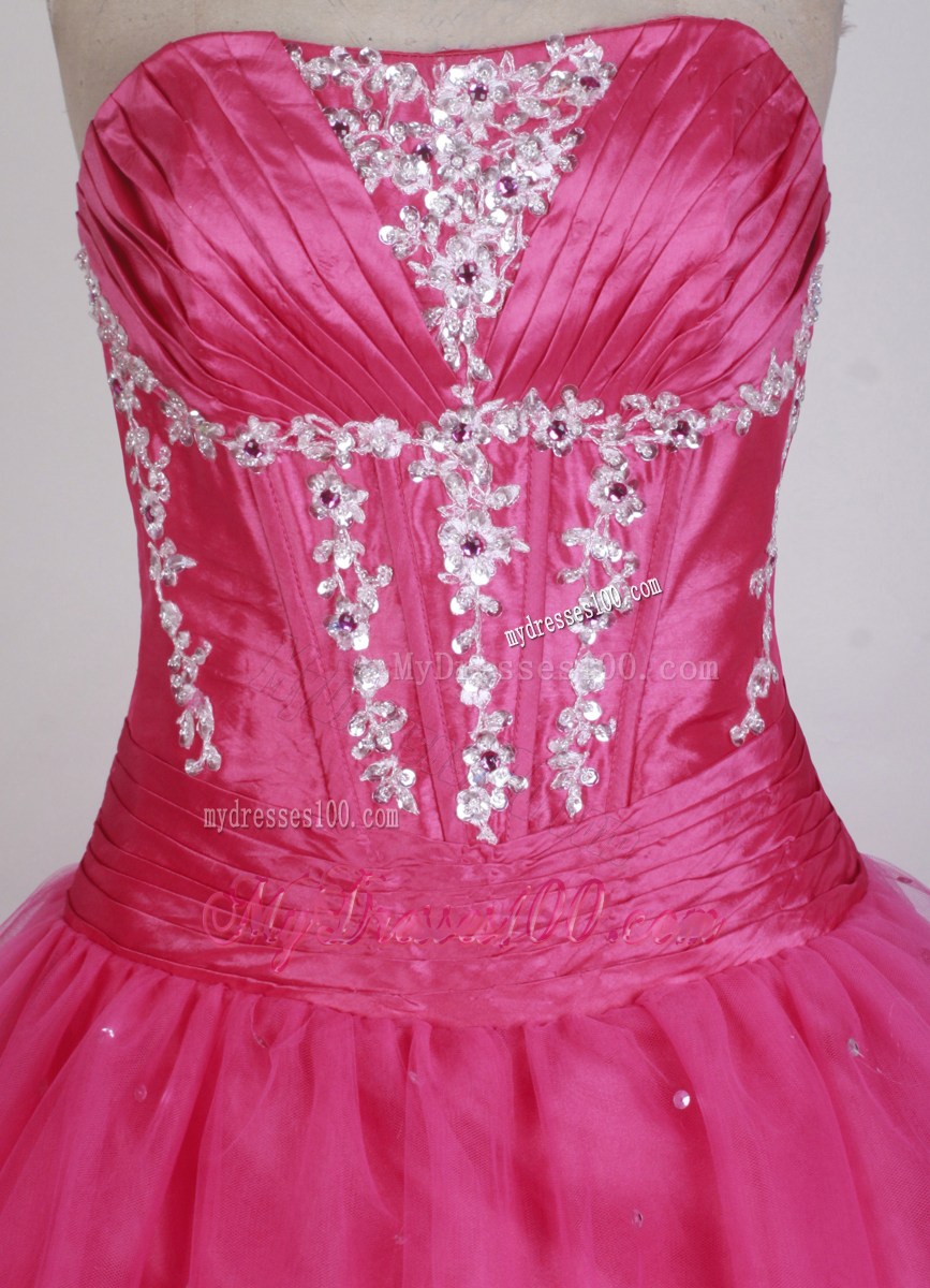 Hot Pink Ball Gown Strapless Floor-length Beaded Quinceanera Dress