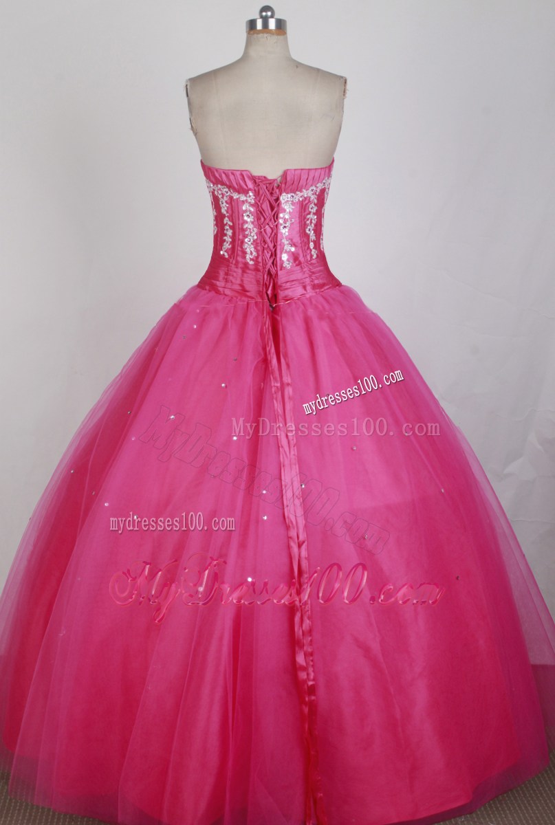 Hot Pink Ball Gown Strapless Floor-length Beaded Quinceanera Dress