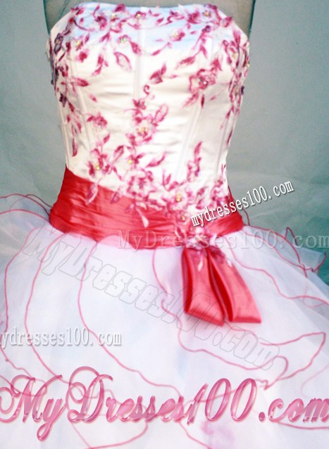 Elegant White Ruffled Quinceanera Party Dresses with Red Belt and Embroidery