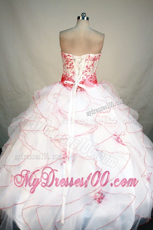 Elegant White Ruffled Quinceanera Party Dresses with Red Belt and Embroidery