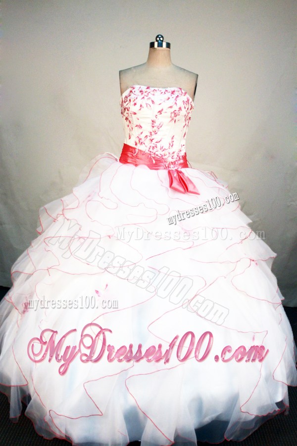 Elegant White Ruffled Quinceanera Party Dresses with Red Belt and Embroidery