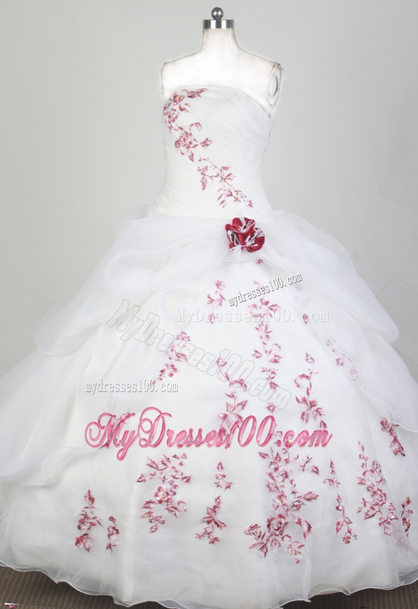 White Organza Zipper Up Quinceanera Dress with Red Appliques