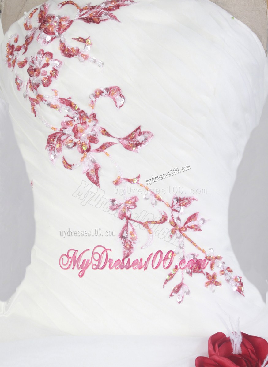 White Organza Zipper Up Quinceanera Dress with Red Appliques