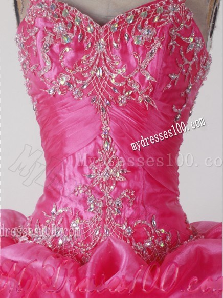 Appliqued and Ruched Flowery Dress for Quinceanera in Hot Pink