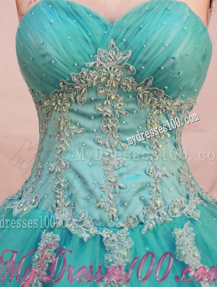 Sweetheart Diamonds and Appliques Decorate Quinceanera Dresses in Aqua Blue
