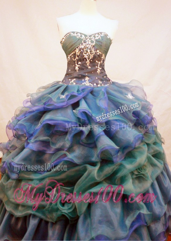 Colorful Sweetheart Embroidery Decorate Ruffled Quinceanera Gown Dress