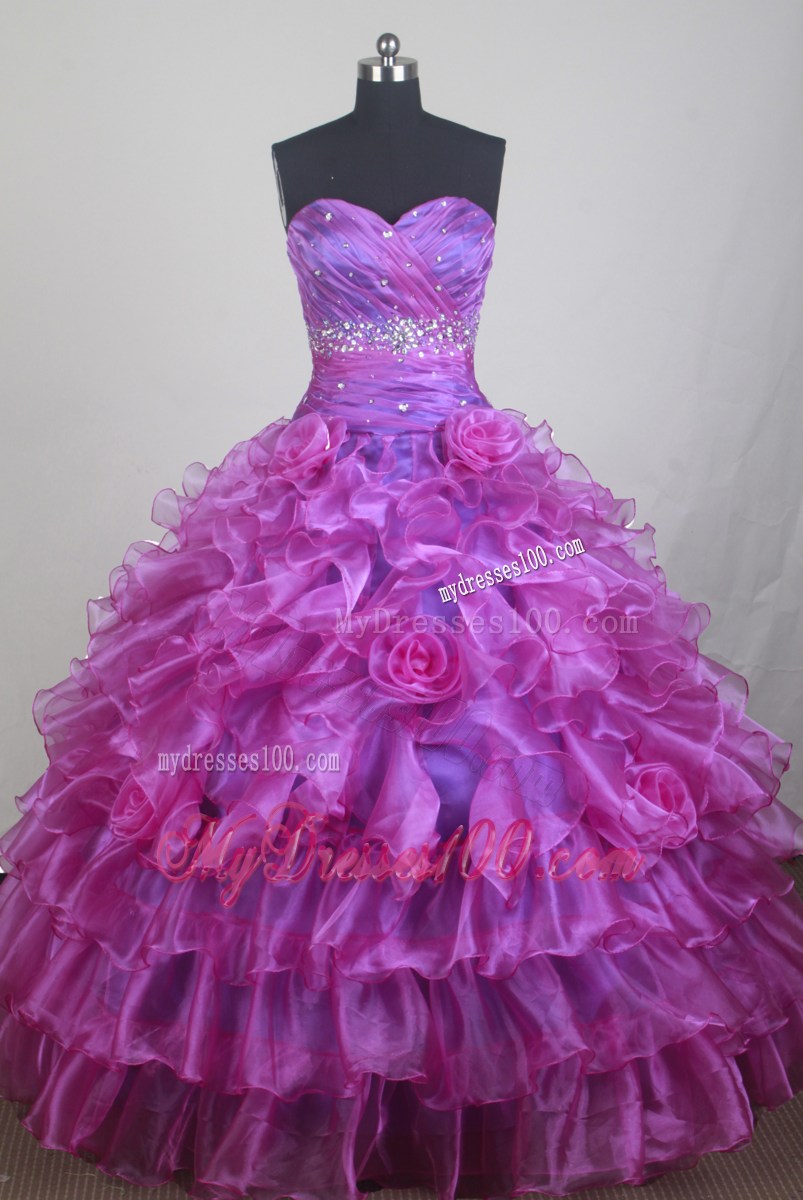 Glamorous Flowered and Ruffled Fichsia Dress for Qinceanera