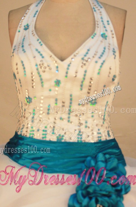 Halter Top v-Neck Pick-ups White Quinceanera Dress with Blue Belt and Flowers