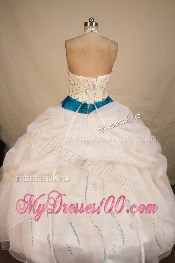 Halter Top v-Neck Pick-ups White Quinceanera Dress with Blue Belt and Flowers