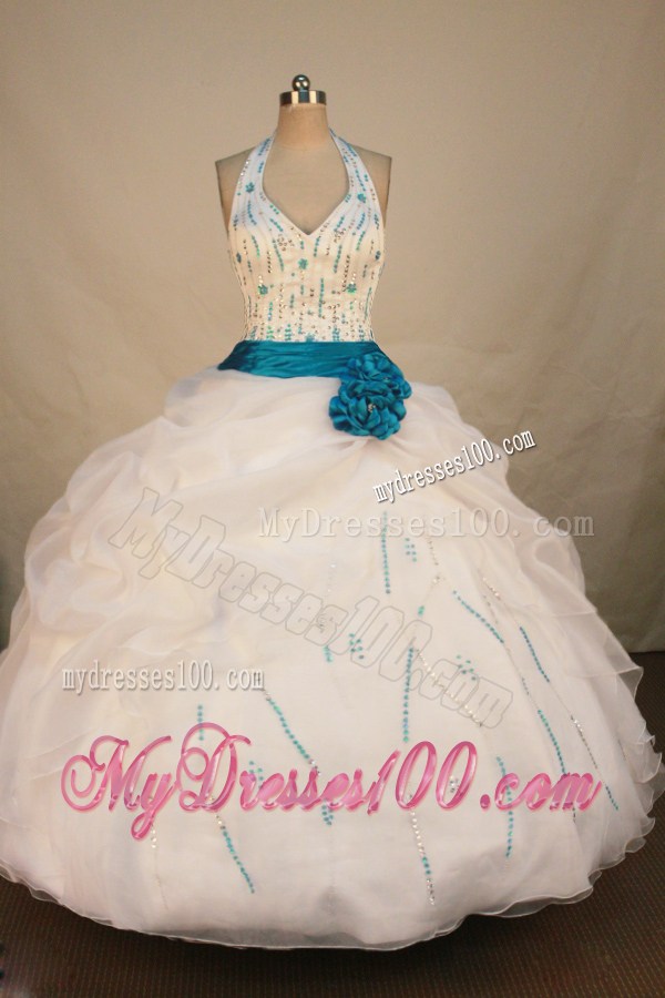 Halter Top v-Neck Pick-ups White Quinceanera Dress with Blue Belt and Flowers