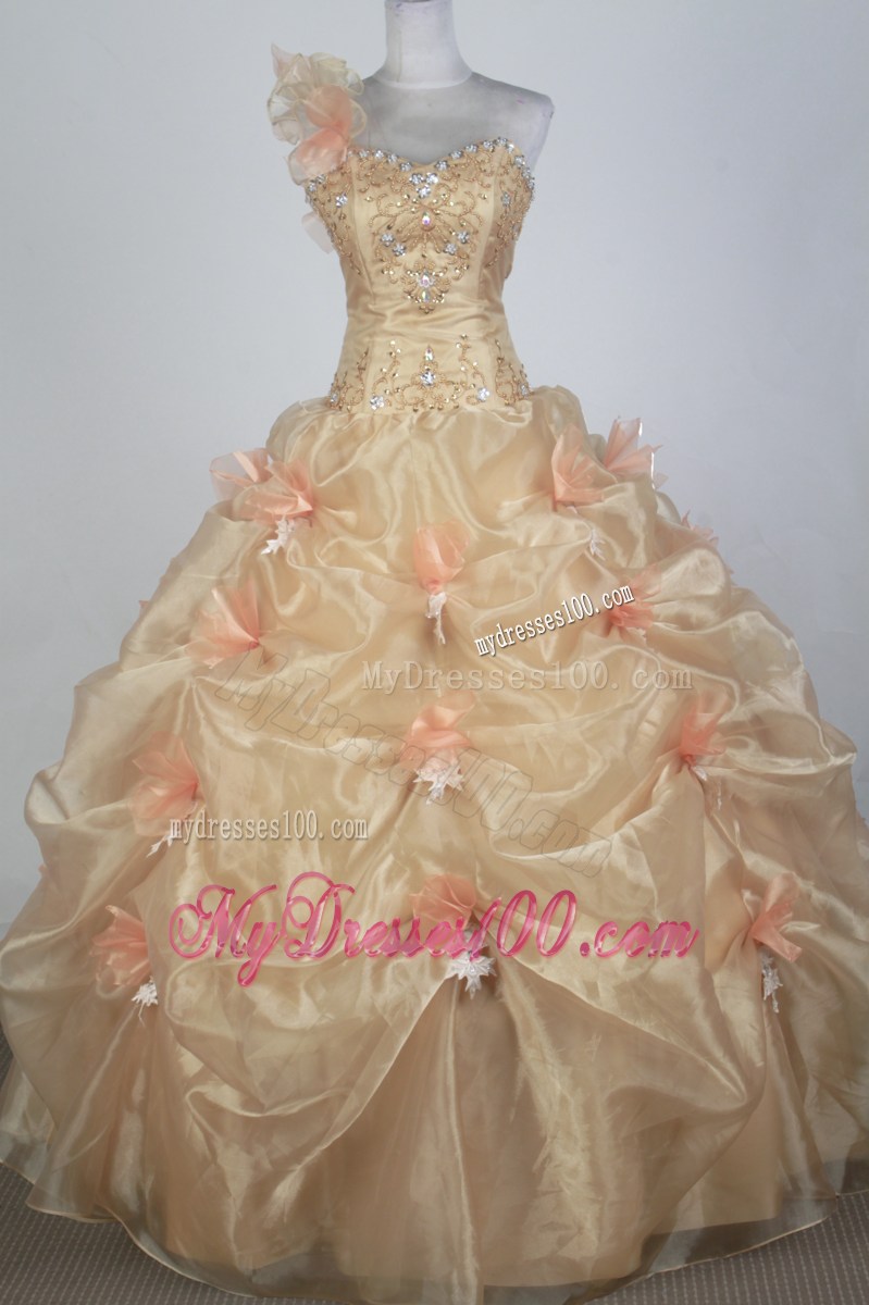 Exclusive Champagne One Shoulder Quinceanera Dress with Pick-ups