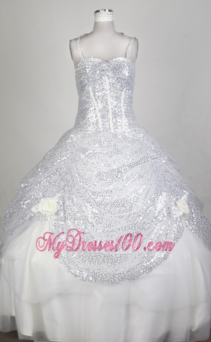 Flowery Straps White Tulle Quinceanerra Dress with Silver Paillette