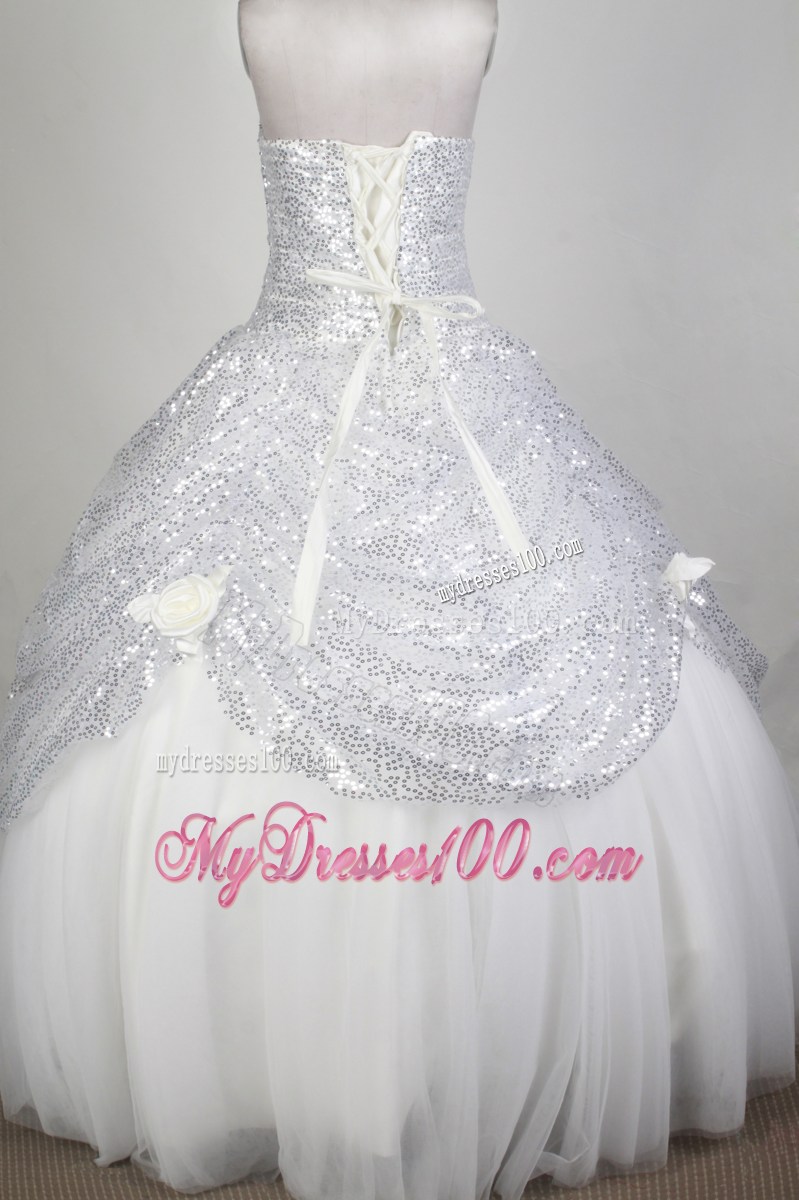 Flowery Straps White Tulle Quinceanerra Dress with Silver Paillette