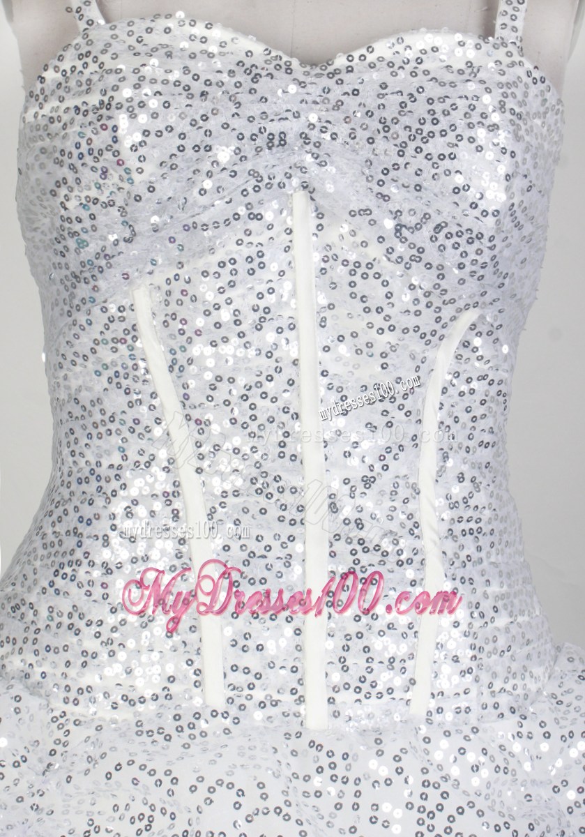 Flowery Straps White Tulle Quinceanerra Dress with Silver Paillette