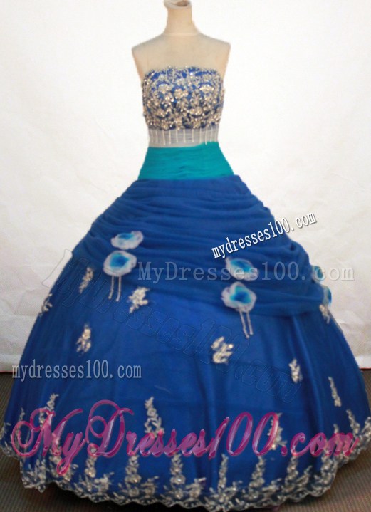 Sequins Decorated Blue and Teal Quinceanera Gown with Hand Made Flowers