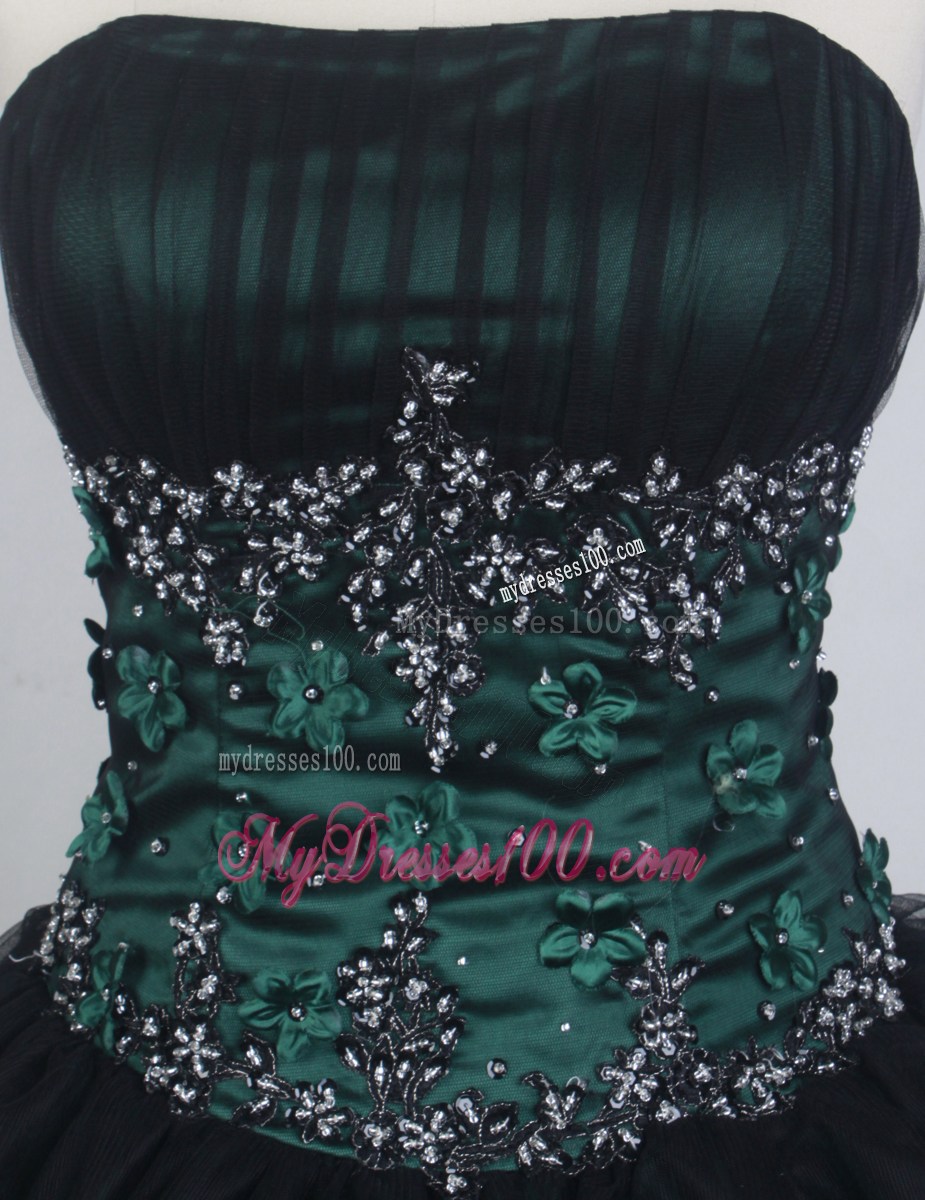 Beading and Hand Made Flowers Quinceanera Dress in Black and Hunter Green