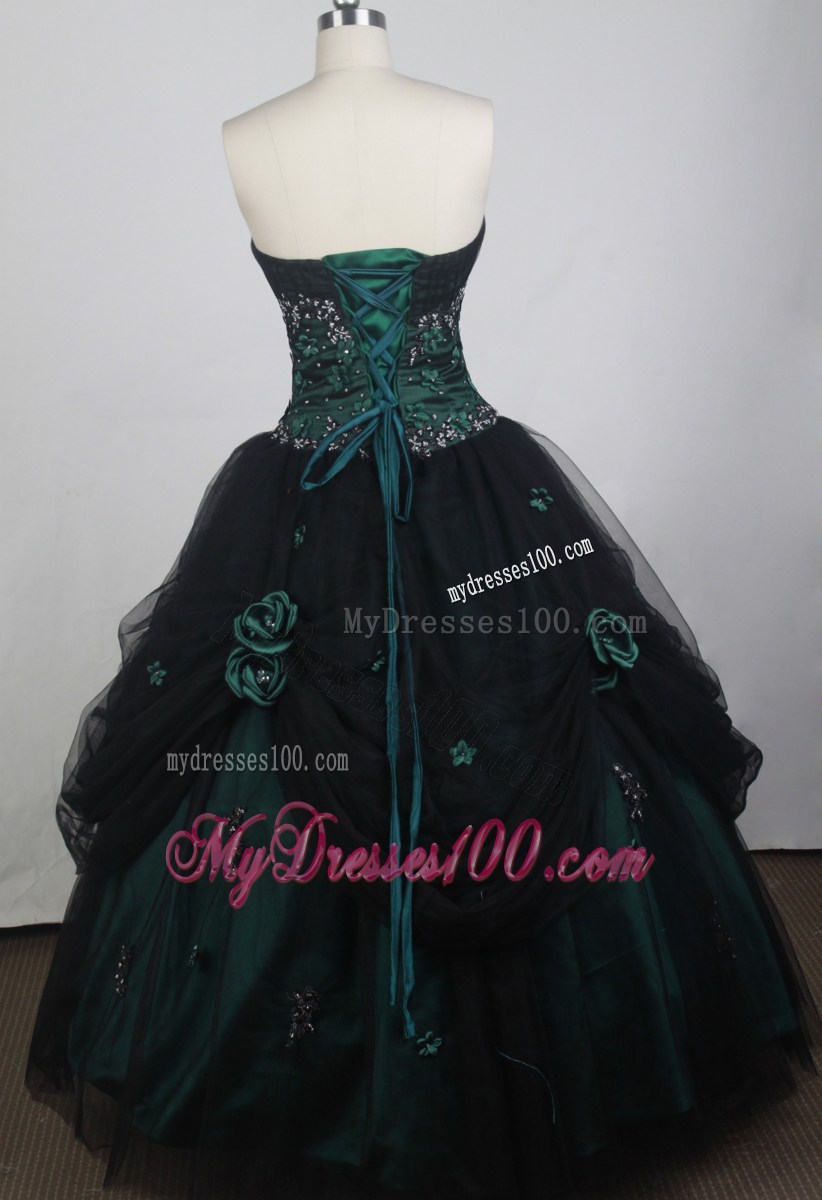 Beading and Hand Made Flowers Quinceanera Dress in Black and Hunter Green