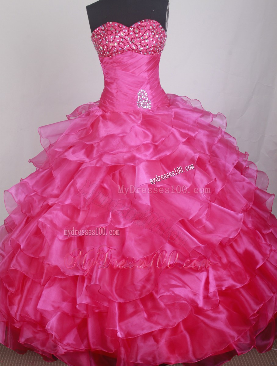 Beaded Sweetheart and Puffy Ruffled Quinceanera Gown in Hot Pink