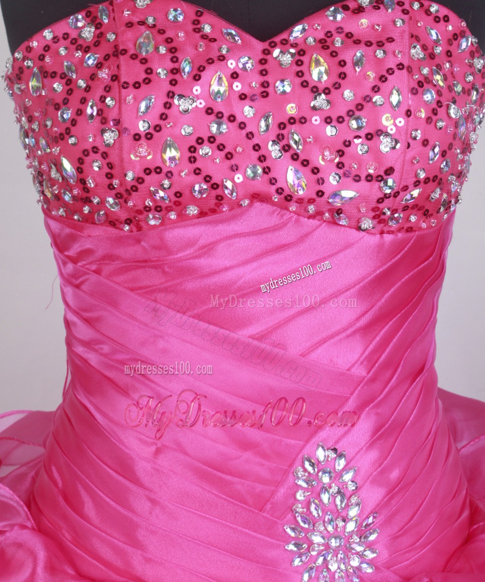 Beaded Sweetheart and Puffy Ruffled Quinceanera Gown in Hot Pink