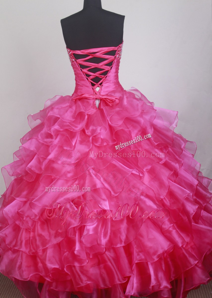 Beaded Sweetheart and Puffy Ruffled Quinceanera Gown in Hot Pink
