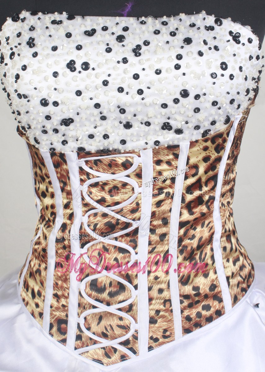 Ruffled Chapel Train Quinceanera Gowns in White and Leopard Print