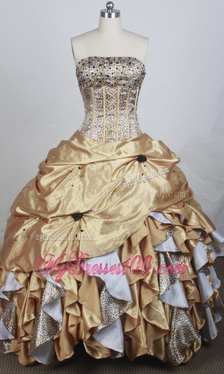 Ruffled Gold and Silver Quinceqanera Dress with Drapped Skirt