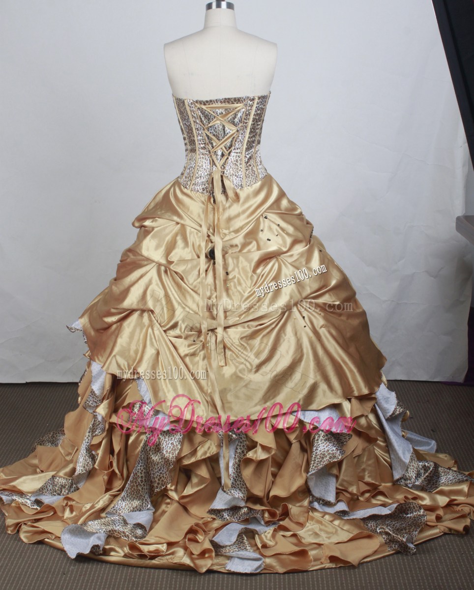 Ruffled Gold and Silver Quinceqanera Dress with Drapped Skirt