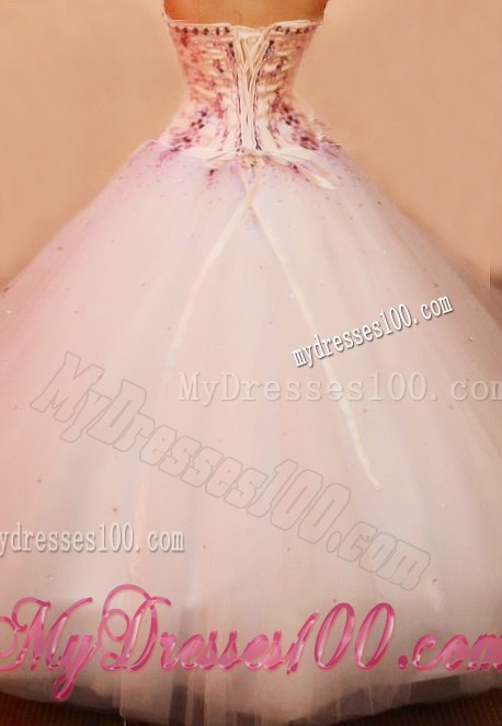 Exclusive Strapless Embroidery on White Tulle Quinceanera Dress